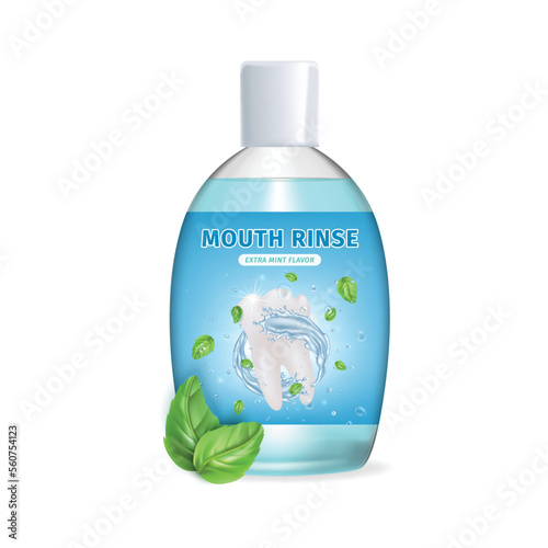 Realistic Detailed 3d Mouth Rinse Bottle with Green Mint Leaves Isolated on a White Background. Vector illustration of Mouthwash