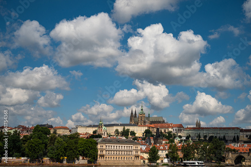 Panoramic view above at Charles Bridge Prague Castle and river Vltava Prague Czech Republic.