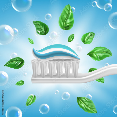 Realistic Detailed 3d Toothpaste Peppermint Flavor on Toothbrush with Green Mint Leaves and Bubbles. Vector illustration