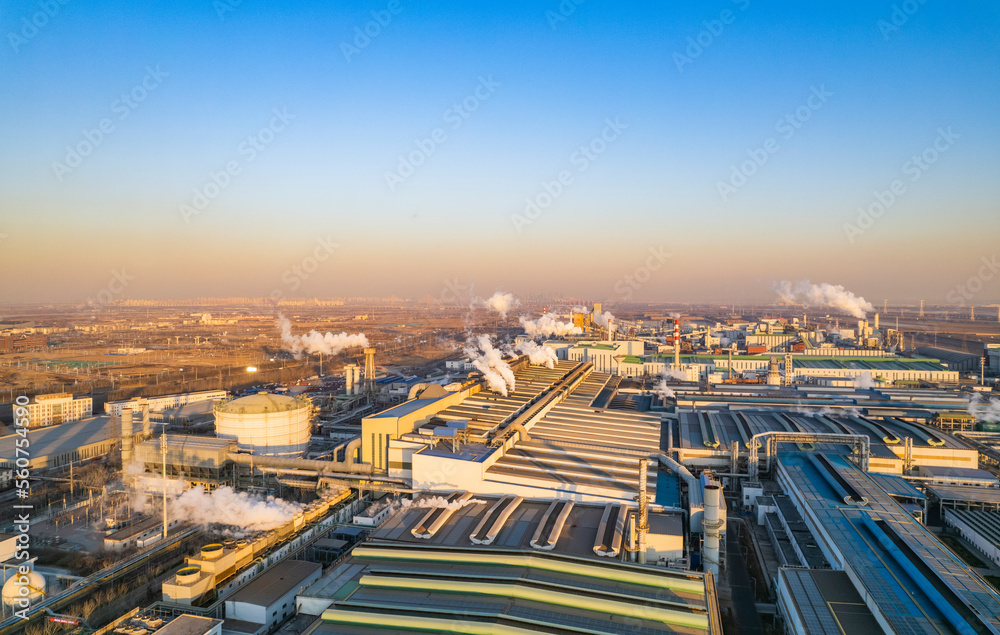 Urban factory chimney cooling tower aerial view, environmental pollution, air pollution