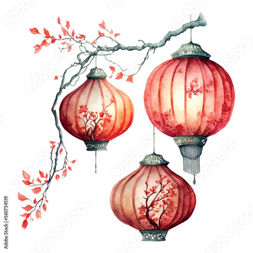 Chinese New Year festive vector card Design on watercolor background Chinese red lanterns