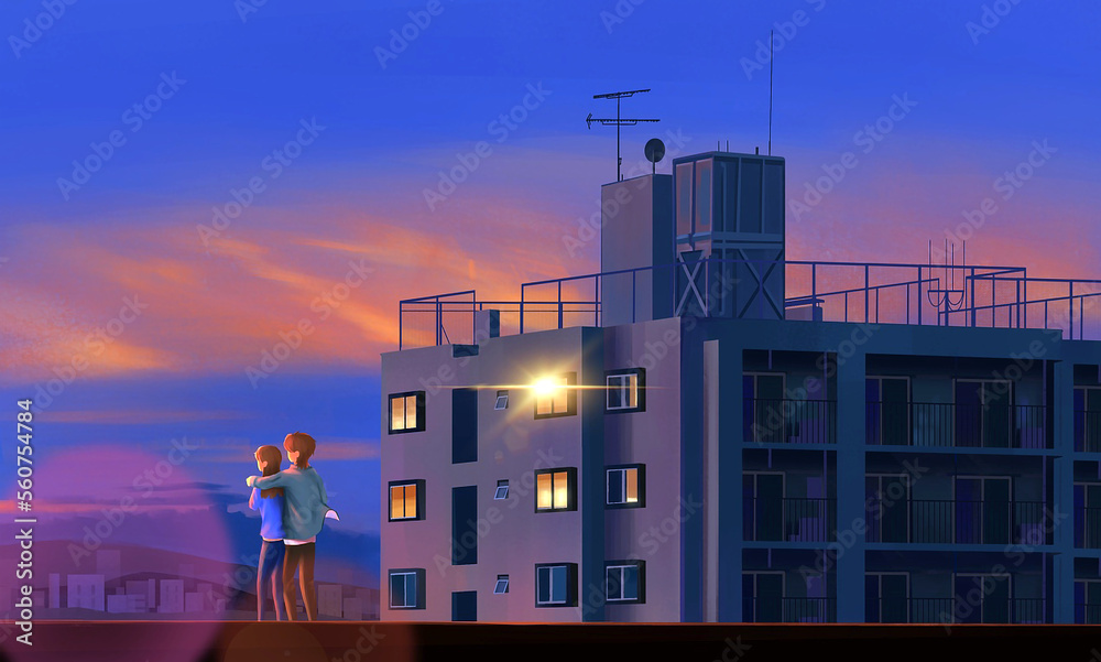 silhouette of couple in the city watching beautiful night sky background