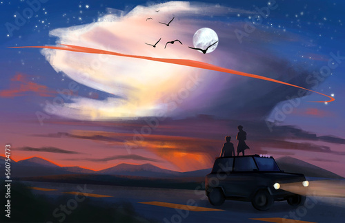 couple at long drive with car in break to watch beautiful night moon and bird 