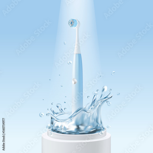 Realistic Detailed 3d Electric Toothbrush on a Podium with Water Splash Professional Routine Cleaning. Vector illustration