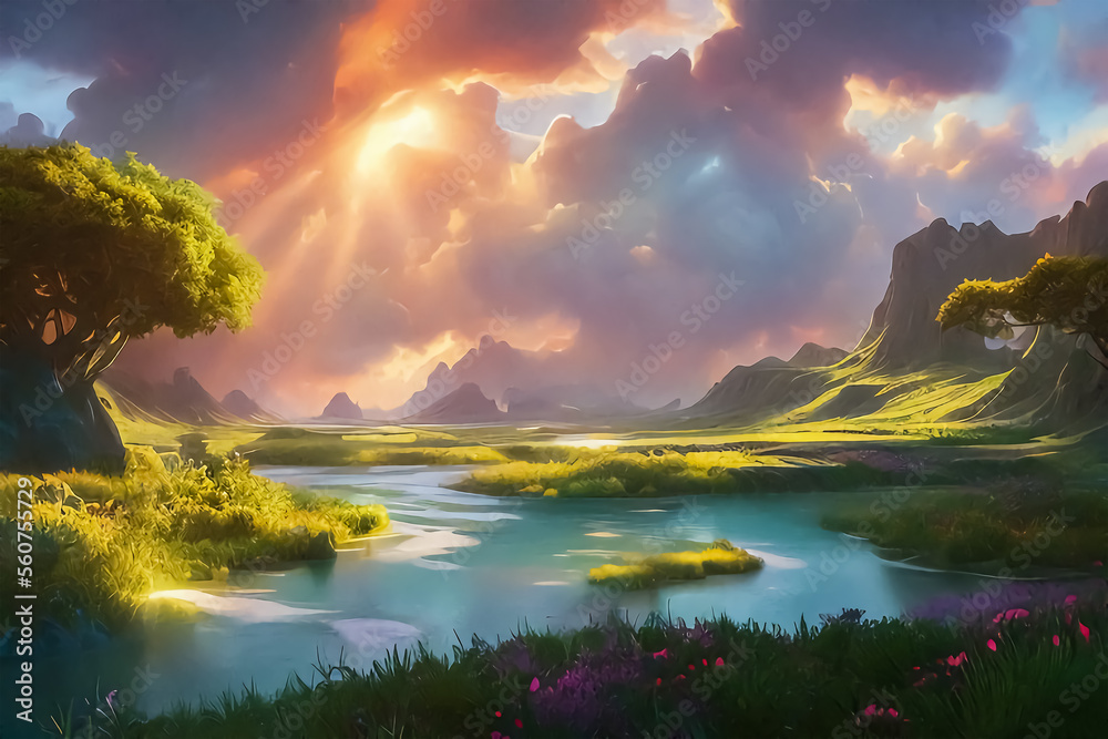 Fantasy landscape with rocks and rivers at sunset, fantasy.