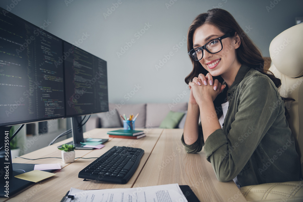 Profile side photo of smart lady successful boss big company sitting ...