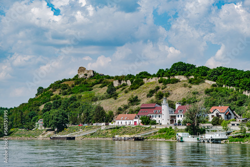 Photography View of the ruins of Devin Castle, Bratislava, Slovakia, from a Danube River cruise ship