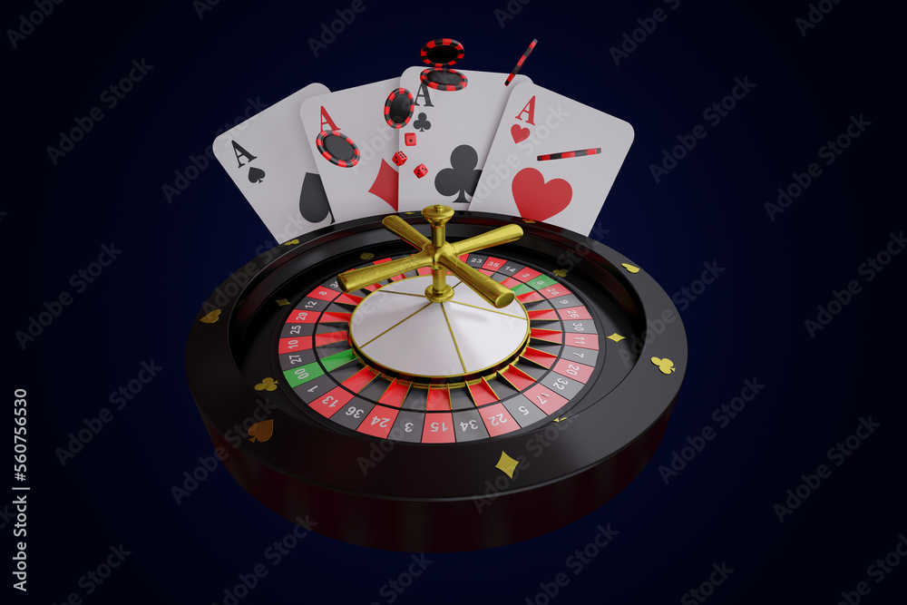 3D illustration for american roulette, casino games for fun, money and luck, dice, casino chips 3D illustration for american roulette, casino games for fun, money and luck, dice, casino chips