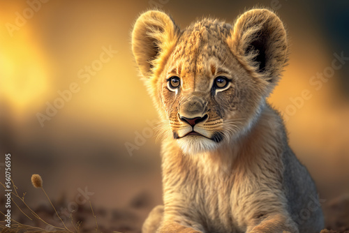 Adorable baby African lion cub on an savannah. Digital artwork 