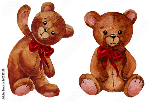 Watercolor teddy bears with red bows isolated on white background. Valentines day, birthday decoration.