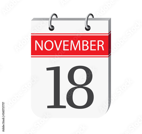 18 november calendar page vector. 3d one day calendar date appointment, schedule, event reminder illustration. Abstract three dimensional daily date appointment, agenda, planner calendar. 