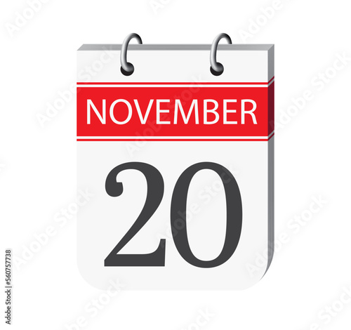 20 november calendar page vector. 3d one day calendar date appointment, schedule, event reminder illustration. Abstract three dimensional daily date appointment, agenda, planner calendar. 