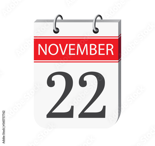 22 november calendar page vector. 3d one day calendar date appointment, schedule, event reminder illustration. Abstract three dimensional daily date appointment, agenda, planner calendar. 