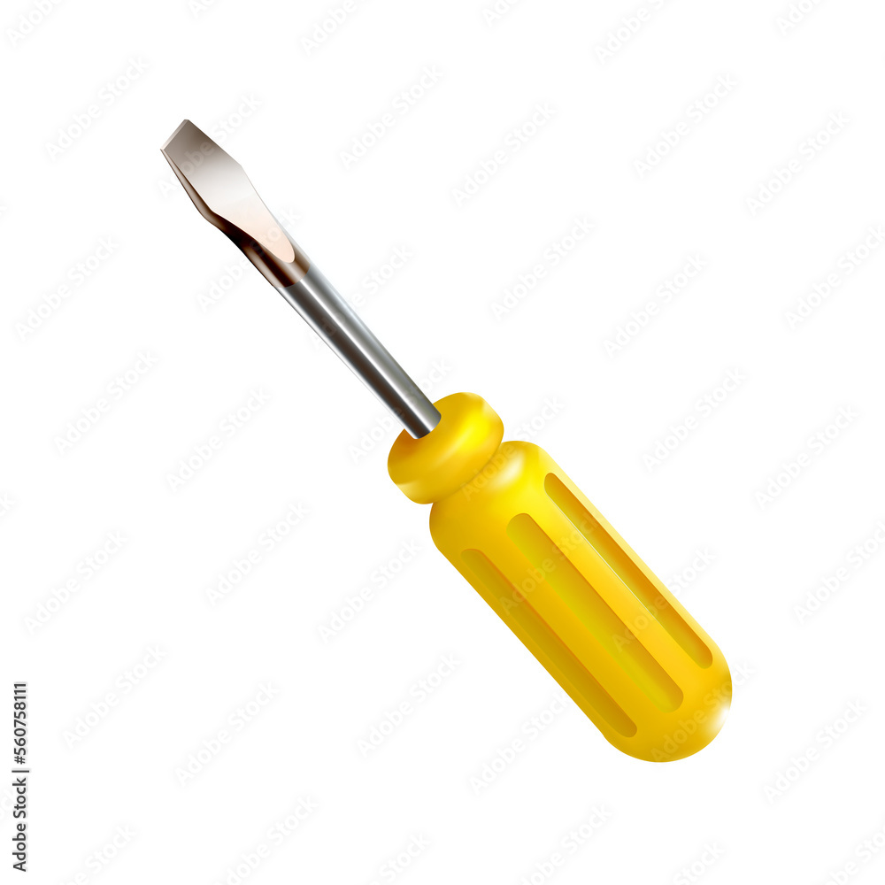 Yellow slotted Screwdriver, isolated. Professional realistic 3d construction tool with a plastic handle. png Yellow slotted Screwdriver, isolated. Professional realistic 3d construction tool with a plastic handle. png