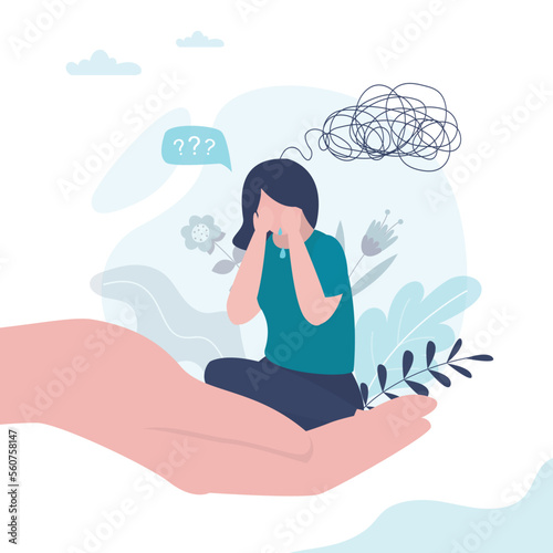 Unhappy woman has messy chaos in head. Mental problems. Big hand holds an upset and crying girl, psychological help. Support of psychotherapist, medical help. Healthy lifestyle.
