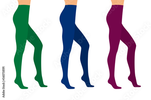Beautiful female legs in colored tights on a white background, side view. Flat vector illustration