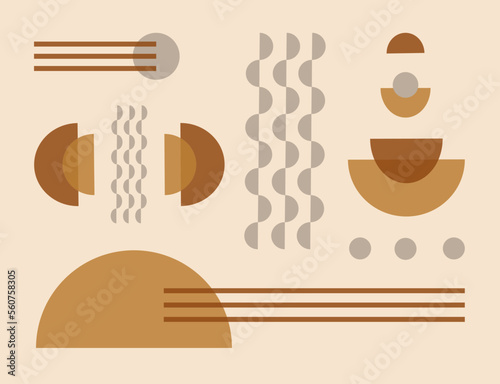 Abstract geometric composition in restrained brown-beige tones. Set of circles, wavy lines, semicircle.  For design