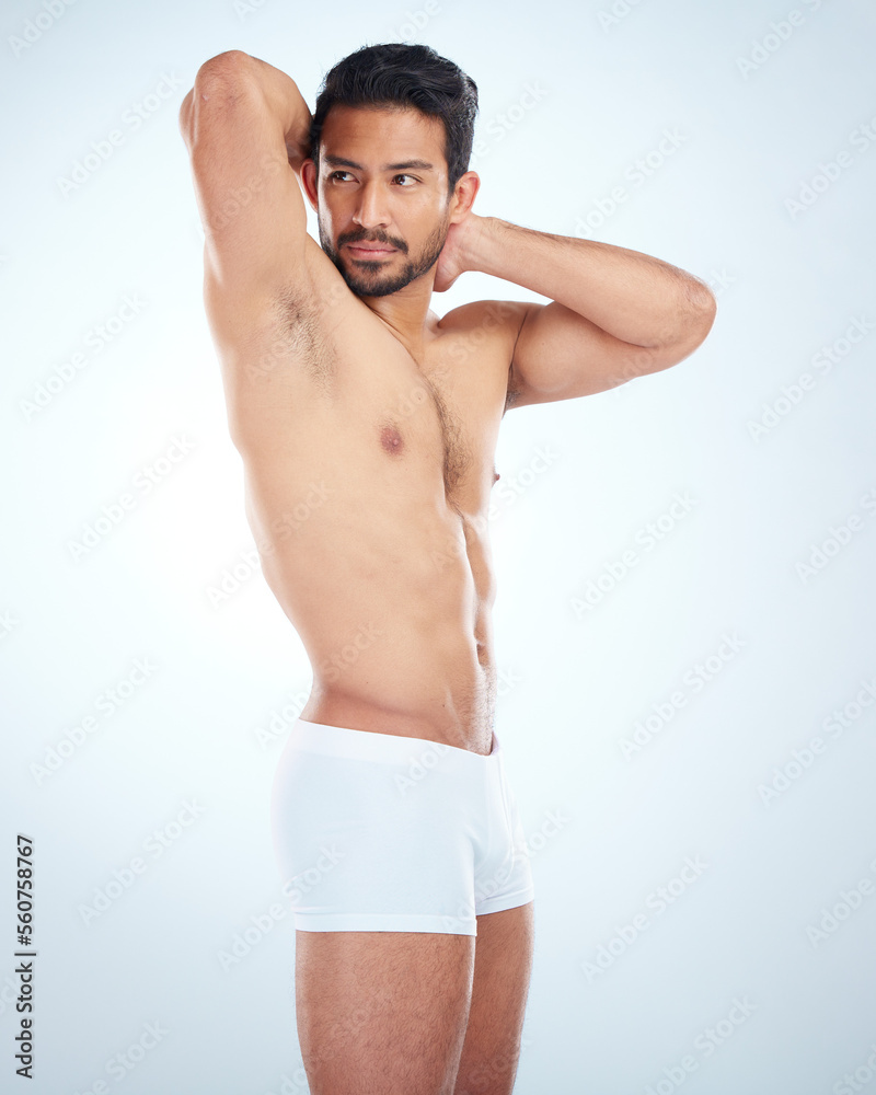 Fototapeta premium Asian model, sports athlete and strong man flexing arms, stretching back and relax body vision. Man, fitness exercise wellness and body care workout motivation or goals mindset in studio background.