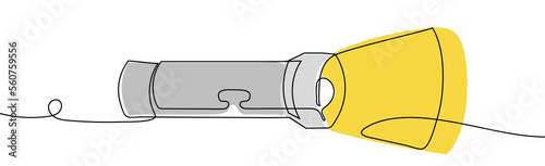 Flashlight one line. Continuous vector illustration of turned on flashlight photo