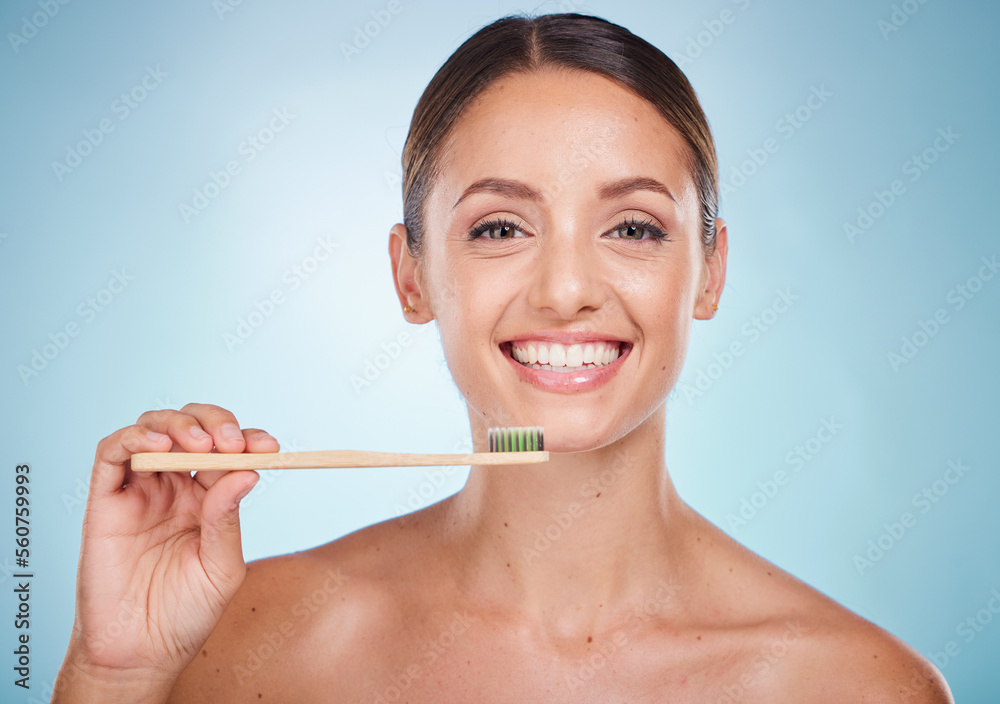 Brushing teeth, dental and woman with toothbrush for teeth whitening and beauty, oral health and fresh breath with studio background. Mouth wellness, Invisalign portrait and clean with bamboo brush. Brushing teeth, dental and woman with toothbrush for teeth whitening and beauty, oral health and fresh breath with studio background. Mouth wellness, Invisalign portrait and clean with bamboo brush.