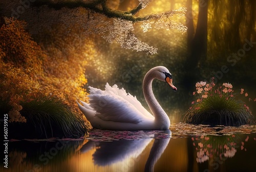 Fototapeta Naklejka Na Ścianę i Meble -  illustration of close up portrait shot of beautiful white swan swim in nature pond with bokeh light and natural background 