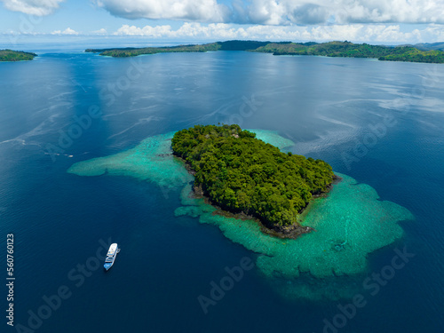 A beautiful coral reef surrounds a scenic island in the Solomon Islands. This beautiful country is home to spectacular marine biodiversity and many historic WWII sites.