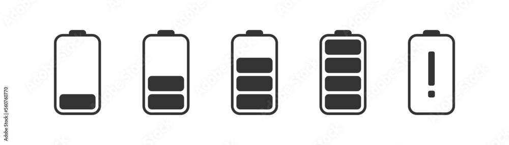Battery icon set on white background. UI sign. Accumulator level indicator. Charging phases illustration. Flat style. Battery icon set on white background. UI sign. Accumulator level indicator. Charging phases illustration. Flat style.