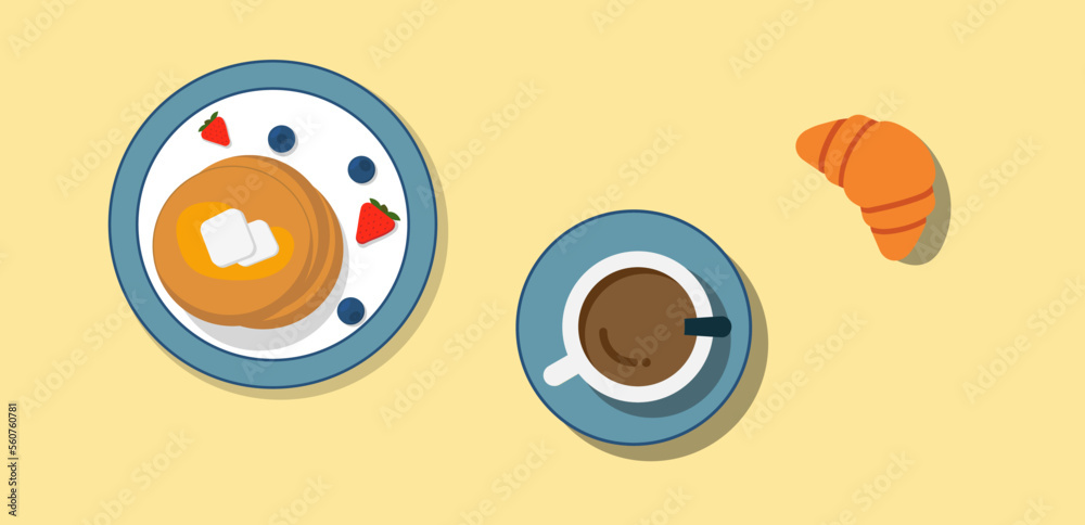 Pancakes with berries on plate, croissant and cup of tea top view. Traditional breakfast symbol. Breakfast in Paris. Morning mood. Flat style with shadows. Pancakes with berries on plate, croissant and cup of tea top view. Traditional breakfast symbol. Breakfast in Paris. Morning mood. Flat style with shadows.