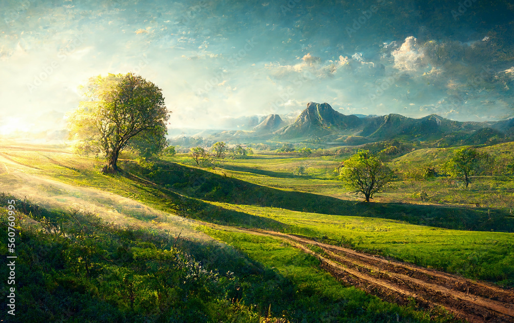 Fototapeta premium beautiful landscape of a summer green field in the morning, generated by AI