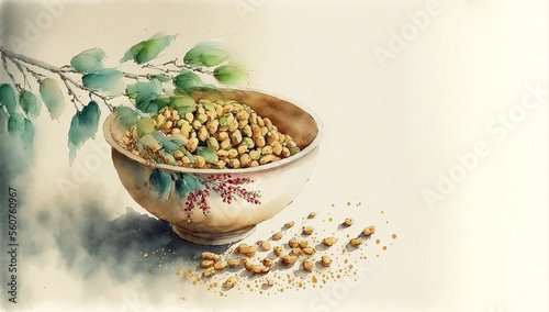 a bowl of roasted soybeans, a treat for the Japanese festival of Setsubun, AI-generated digital illustration