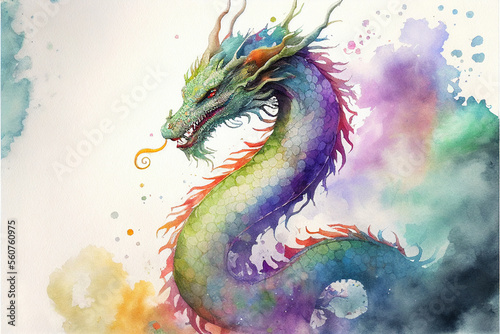 chinese dragon, symbol of 2024, AI-generated digital watercolor style illustration