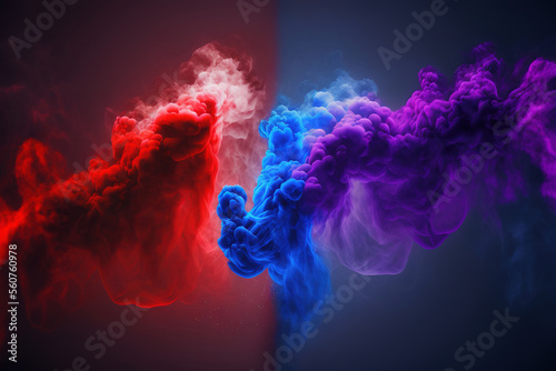 Art photo of smoke moves on black background. Smoke and fog in contrasting vivid red, blue, and purple colors. Generative AI