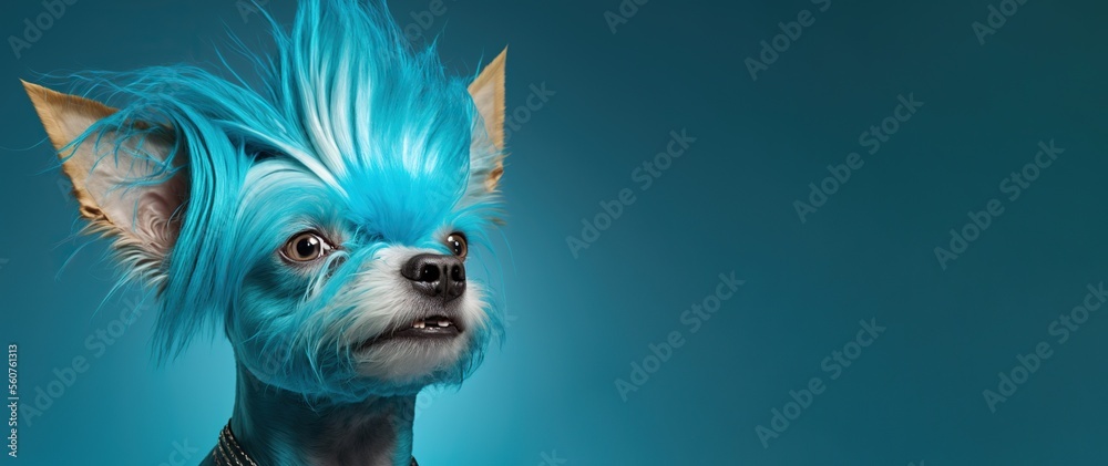 Naklejka premium Dog with a blue shaggy hairstyle, created with Generative AI technology. Copy space. Pet grooming concept.