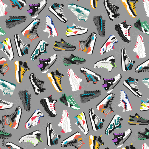 90s seamless pattern with sneakers. Retro vintage background in pixel art design. Vector illustration.