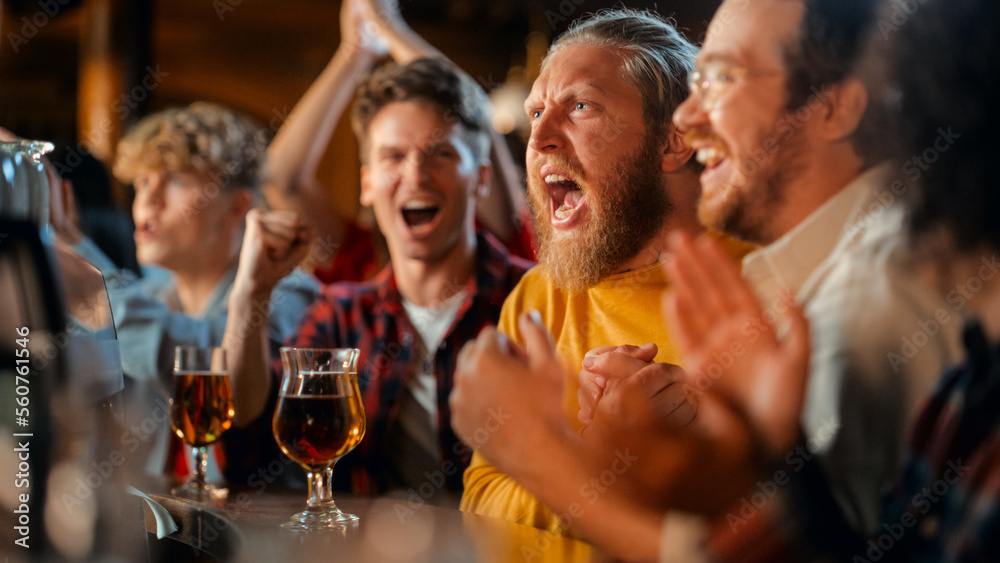 Soccer Club Members Cheering for Their Team, Playing in an International Cup Final. Supportive Fans Sitting in a Bar, Cheering, Handshaking and Shouting. Friends on a Night Out in a Pub.