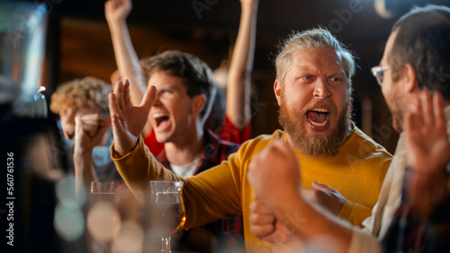 Soccer Club Members Cheering for Their Team, Playing in an International Cup Final. Supportive Fans Sitting in a Bar, Cheering, Raising Hands and Shouting. Friends on a Night Out in a Pub.
