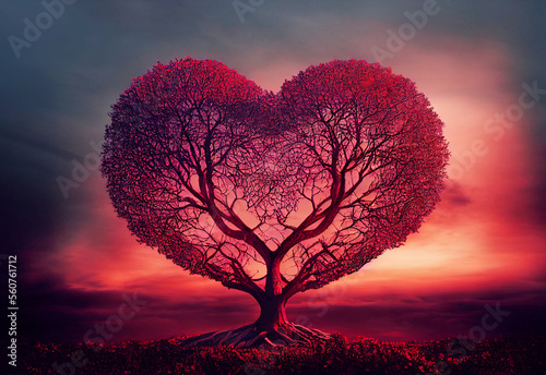 Tree that looks like heart. Sunset and red..