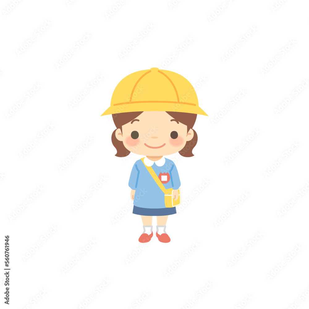 黄色い帽子とカバンとスモッグを着た女の子