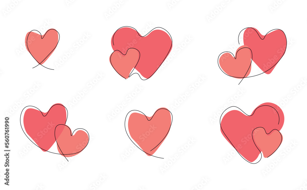 Continuous line drawing of love sign with one and two hearts on white background. Vector isolated illustration
