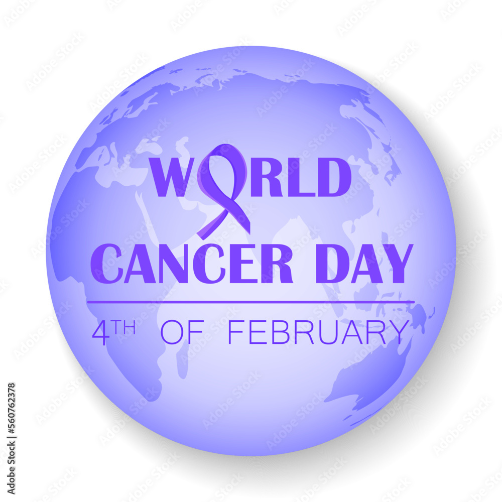 World Cancer Day design concept, lavender ribbon and text on a globe background World Cancer Day design concept, lavender ribbon and text on a globe background