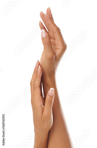Woman hands, manicure and skincare dermatology wellness, cosmetics skin care and salon nails treatment in white background. Hand model, luxury cosmetics and palm body care or self care un studio