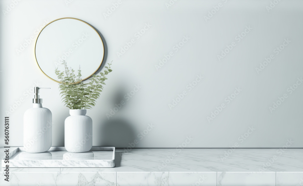  Marble table top with mockup space for montage over minimalist and clean bathroom background	