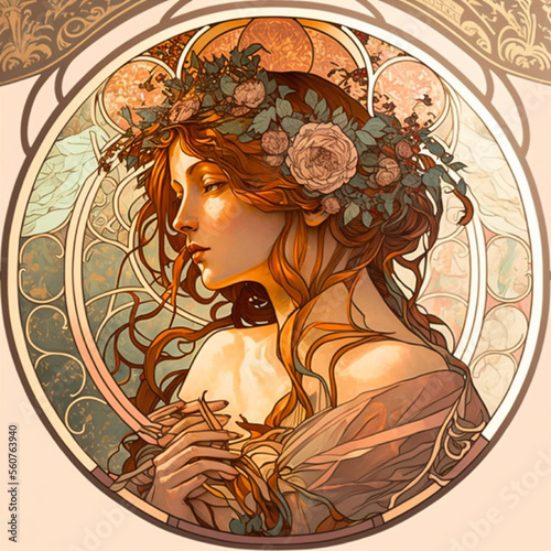 Beautiful fine art in the style of modernist artist Alphonse Mucha.