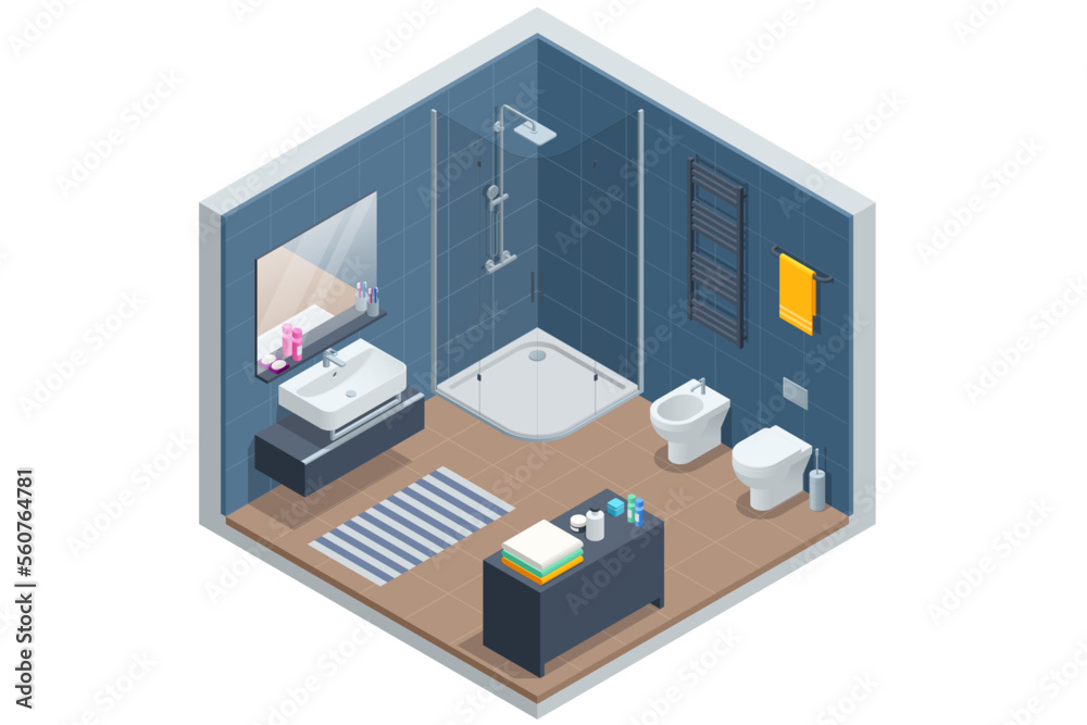 Isometric modern bathroom interior with a white toilet, mirror, sink, and shower cabin.