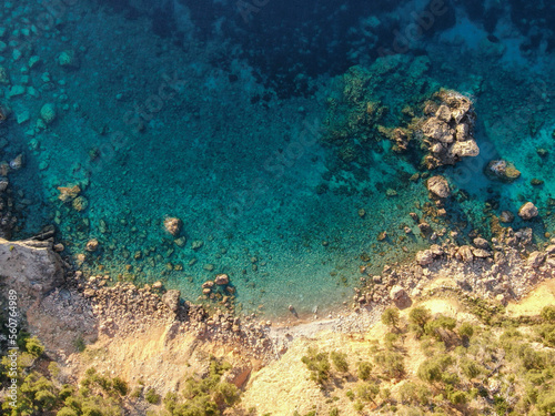  aerial view of the mediterranean sea bird's eye view of waves breaking on the coast. Zenithal view of the sea