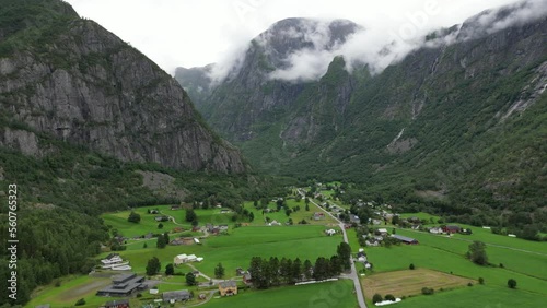 Arial view of small village in the mountains. Norwegian village Ovre Eidfjord photo