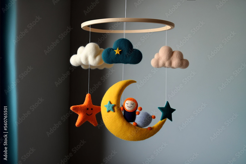 Baby crib mobile with stars, clouds and moon. Kids handmade