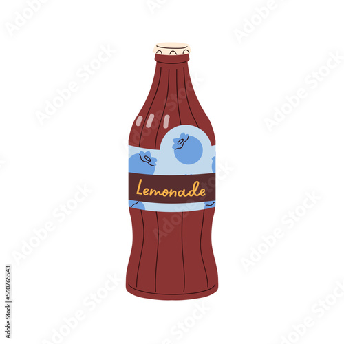 Cold lemonade in glass bottle. Fresh soda beverage, summer refreshment drink with berry flavor, taste. Tasty sweet refreshing juicy liquid. Flat vector illustration isolated on white background