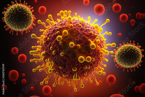 Coronavirus COVID-19 under the microscope. 3d illustration yellow and red virus (ai generated) photo