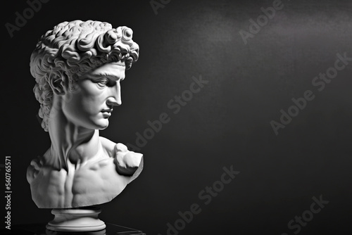 Gypsum statue of David's head, AI generated image, Michelangelo's David statue plaster copy on dark background. Ancient greek sculpture, statue of hero.